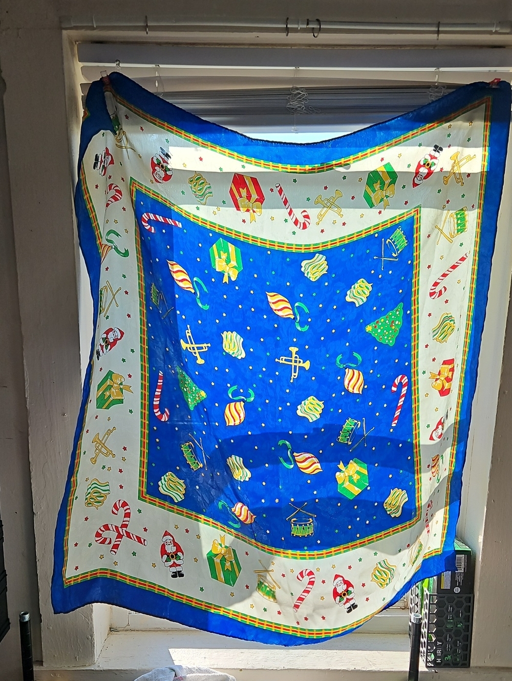 Vintage Festive Blue Print Polyester Silk-feel Christmas Holiday Scarf